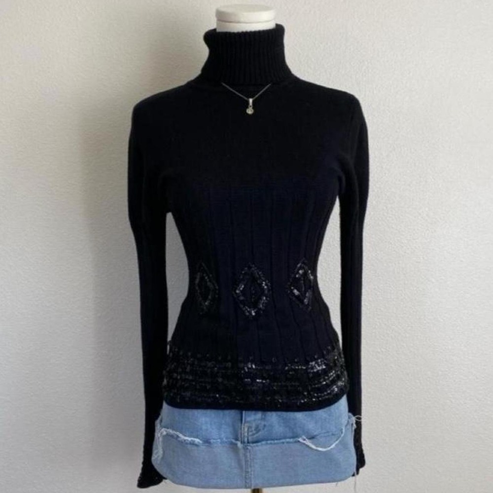 Vintage Lucy Paris Black Turtleneck Slim Fit Sweater Bead Embellished